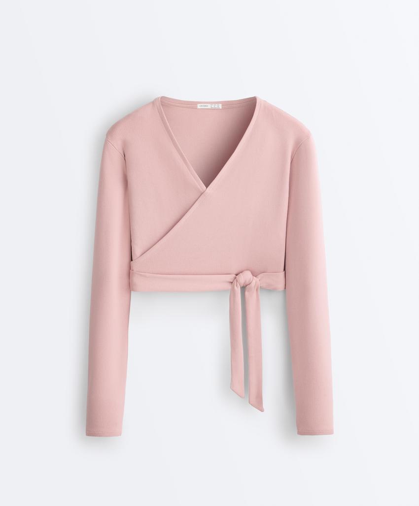 Лонгслив на запах из смесового хлопка в рубчик