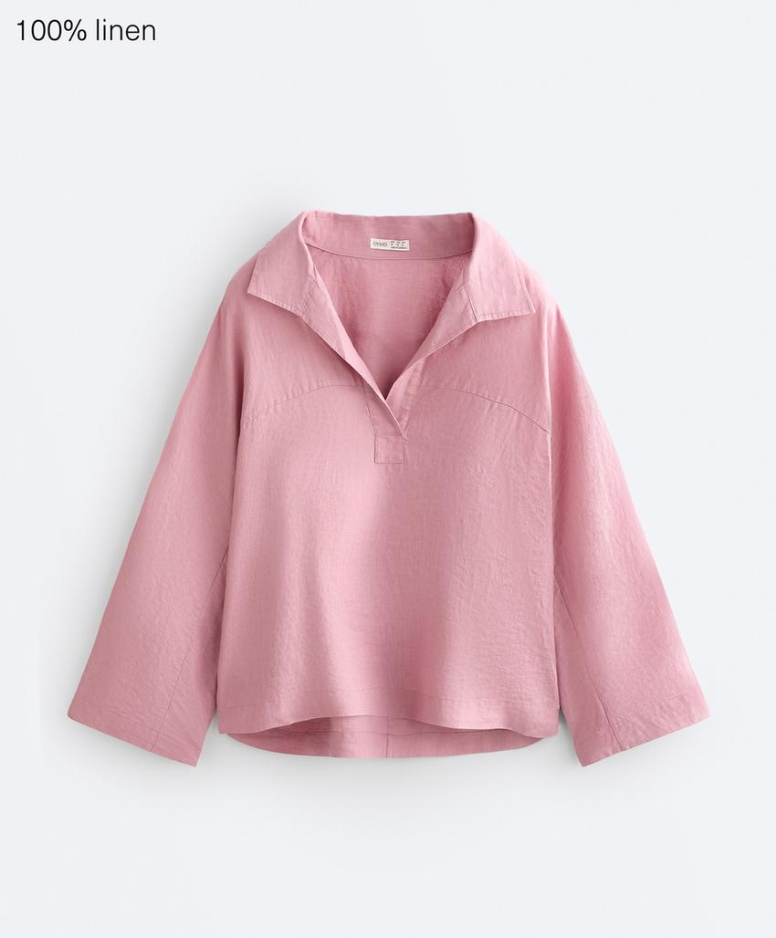 Рубашка-поло оверсайз с длинными рукавами из 100%-го льна