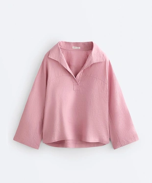 Рубашка-поло оверсайз с длинными рукавами из 100%-го льна- Заказать в России