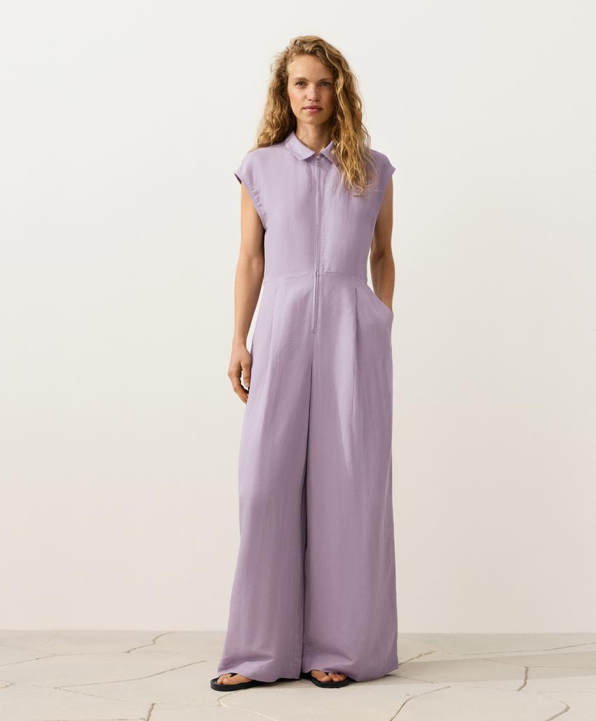 Длинный комбинезон с отложным воротником из ткани с хлопком