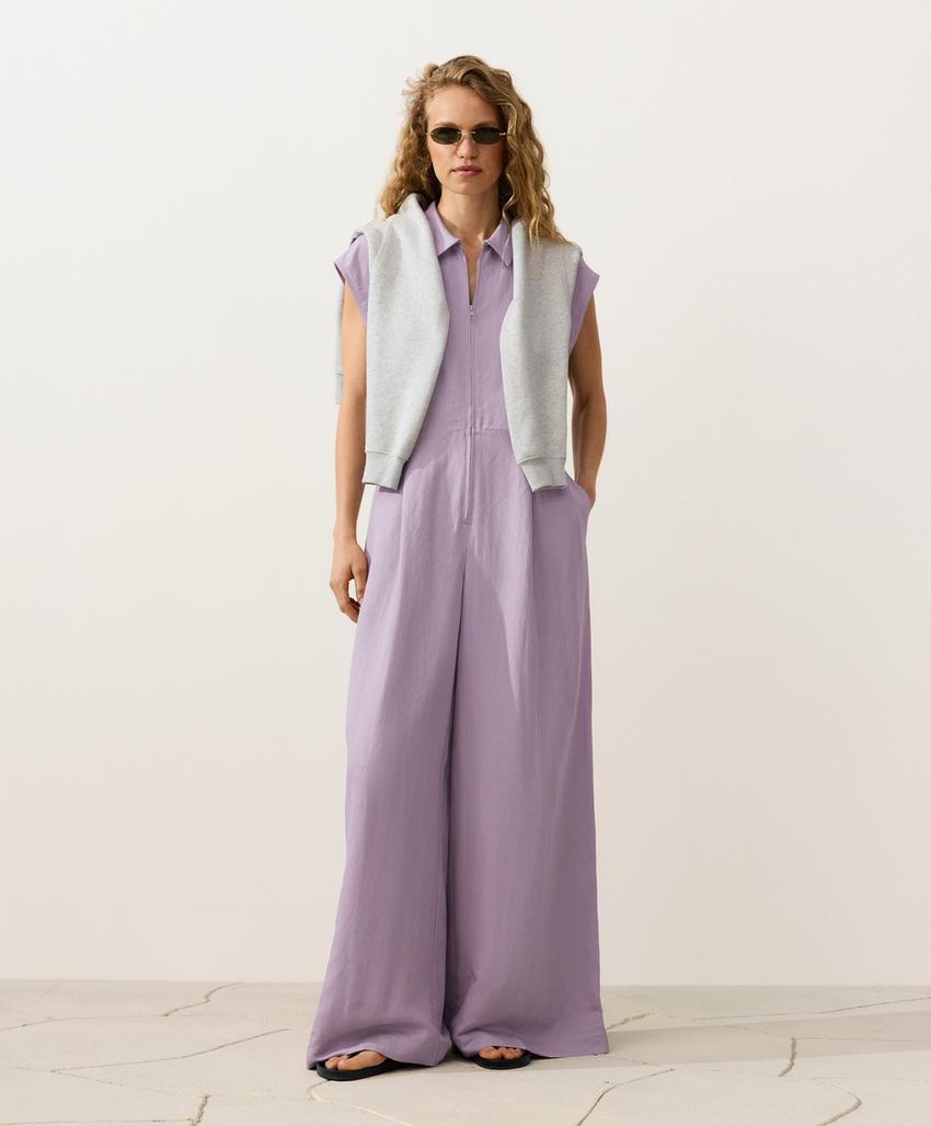 Длинный комбинезон с отложным воротником из ткани с хлопком