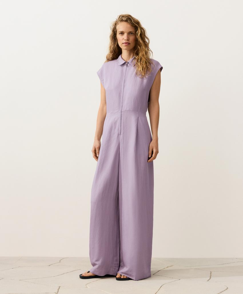 Длинный комбинезон с отложным воротником из ткани с хлопком