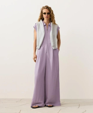 Длинный комбинезон с отложным воротником из ткани с хлопком- Заказать в России