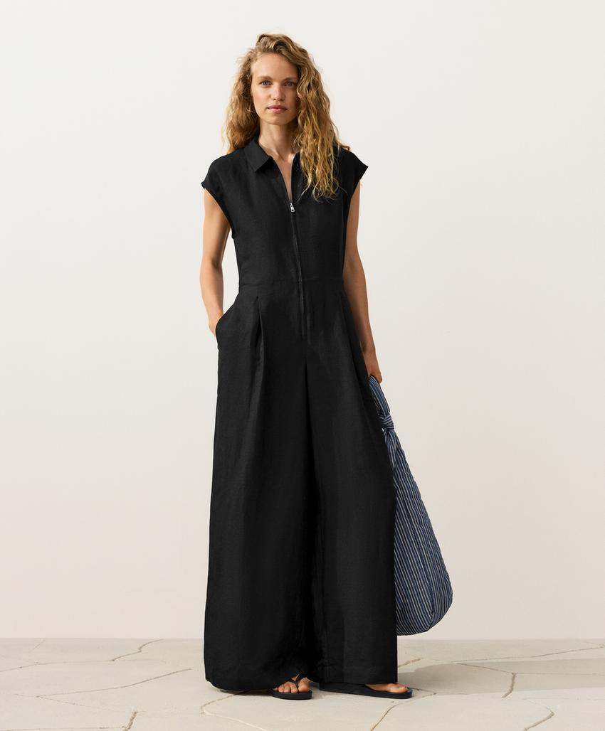 Длинный комбинезон с отложным воротником из ткани с хлопком