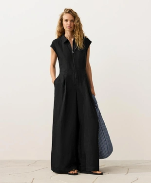 Длинный комбинезон с отложным воротником из ткани с хлопком- Заказать в России