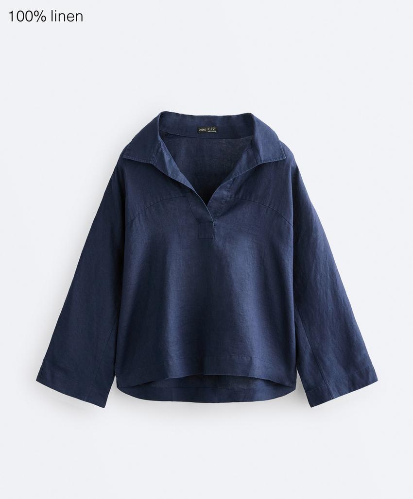 Рубашка-поло оверсайз с длинными рукавами из 100%-го льна