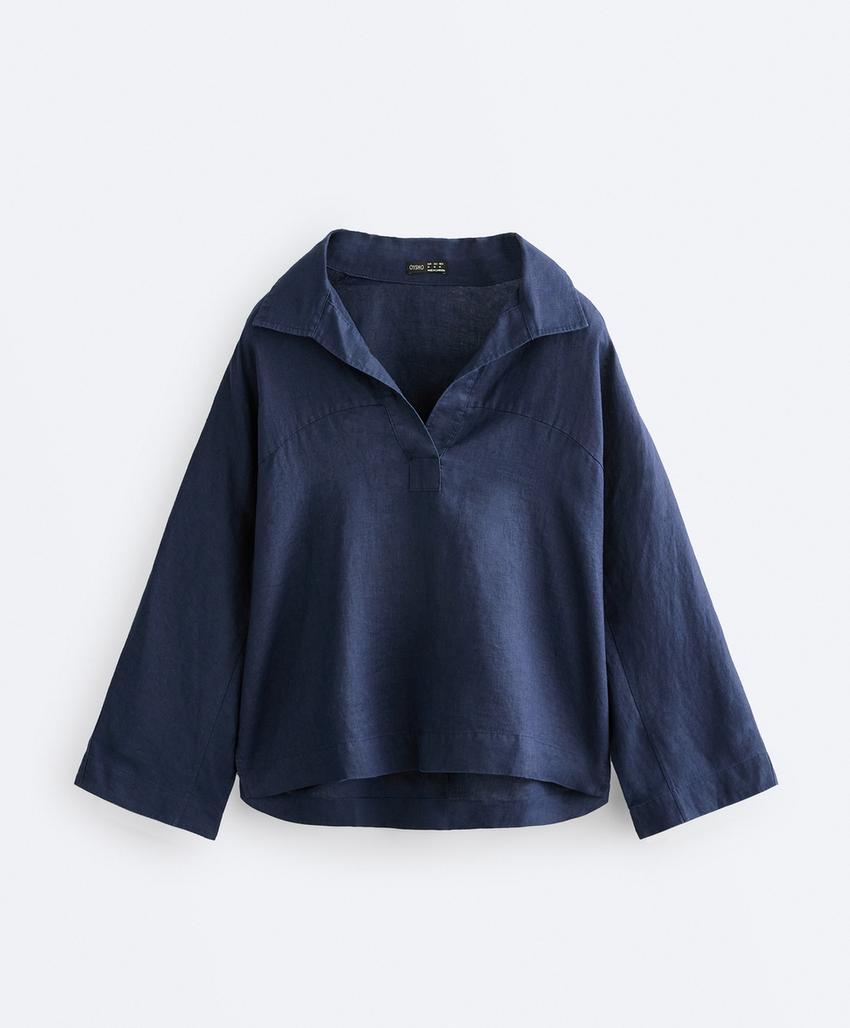 Рубашка-поло оверсайз с длинными рукавами из 100%-го льна