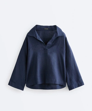 Рубашка-поло оверсайз с длинными рукавами из 100%-го льна- Заказать в России