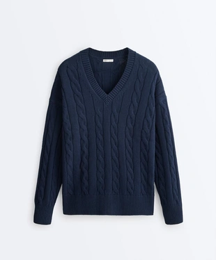 Свитер с V-образным вырезом и узором «косы» из 100% хлопка- Заказать в России