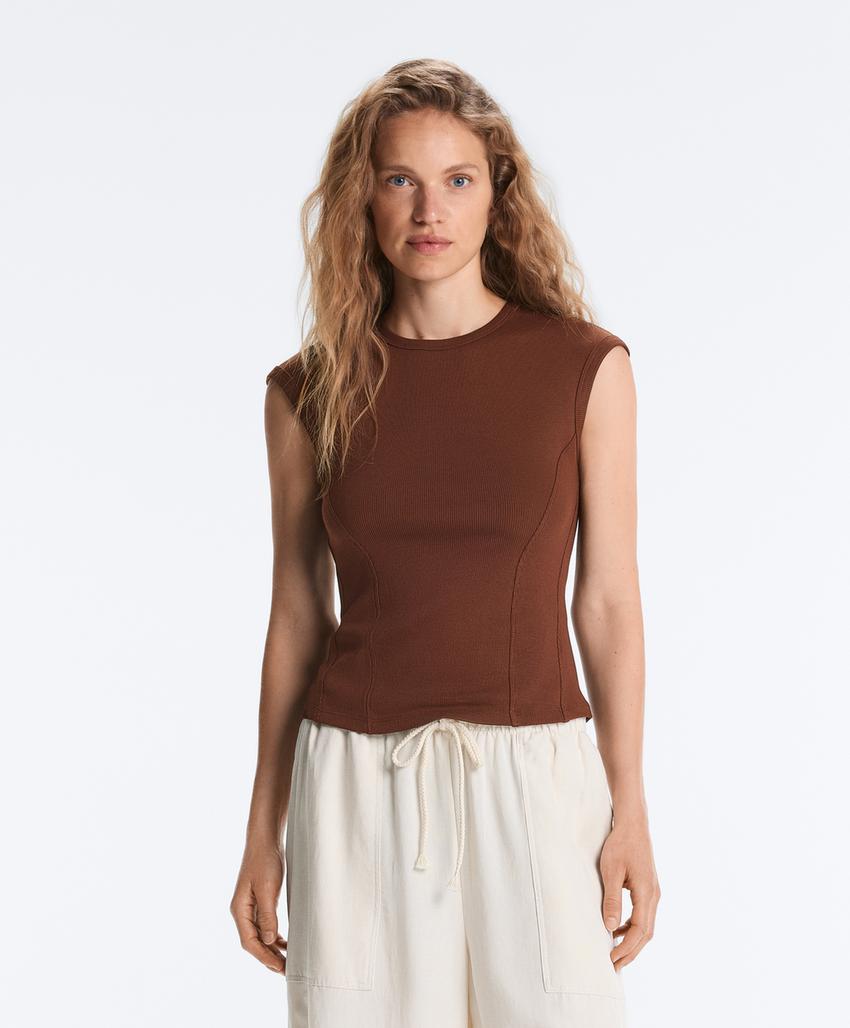 Футболка с короткими рукавами из ткани в рубчик с хлопком и модалом