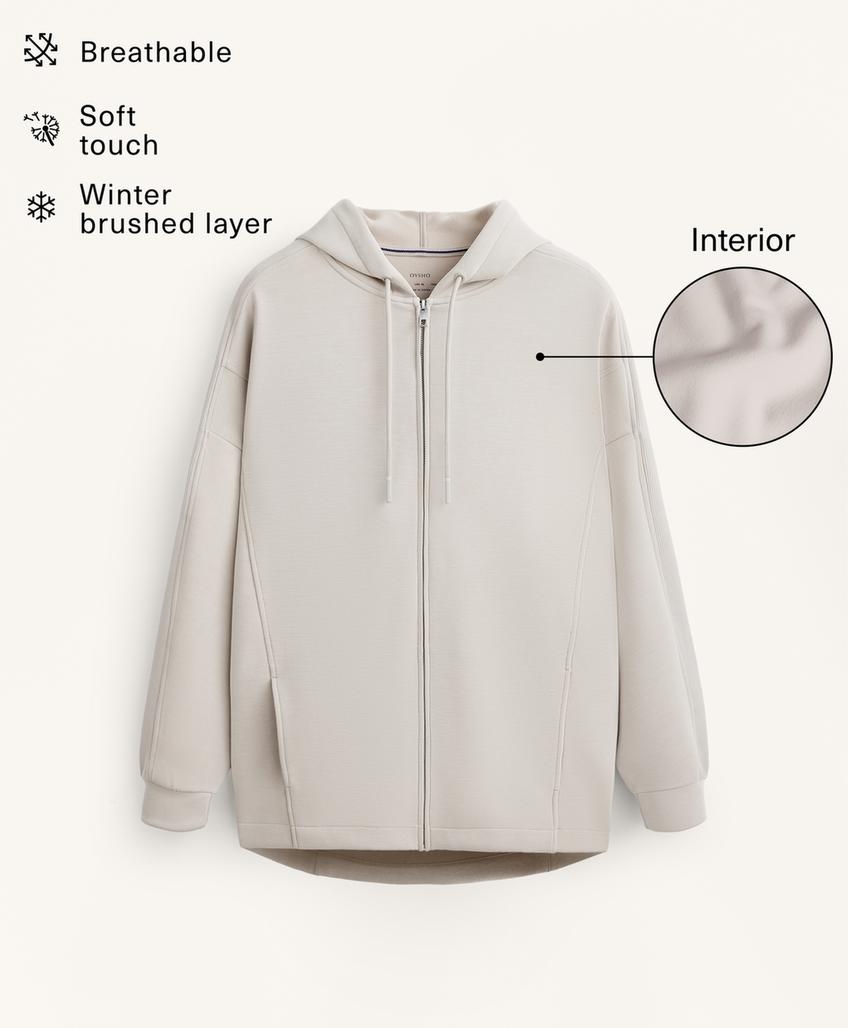 Длинная куртка с капюшоном, детали в рубчик, из модала с начесом