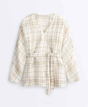 Рубашка кимоно в клетку из смесового льна и лиоцелла- Заказать в России