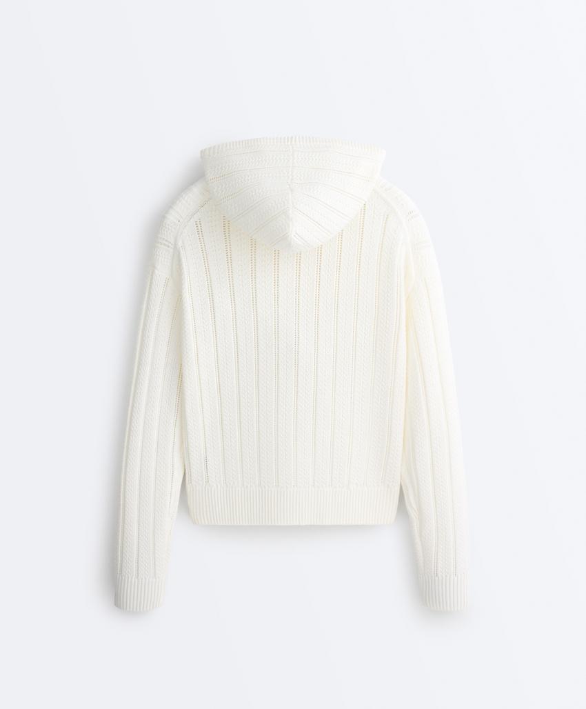 Вязаная ажурная куртка с капюшоном