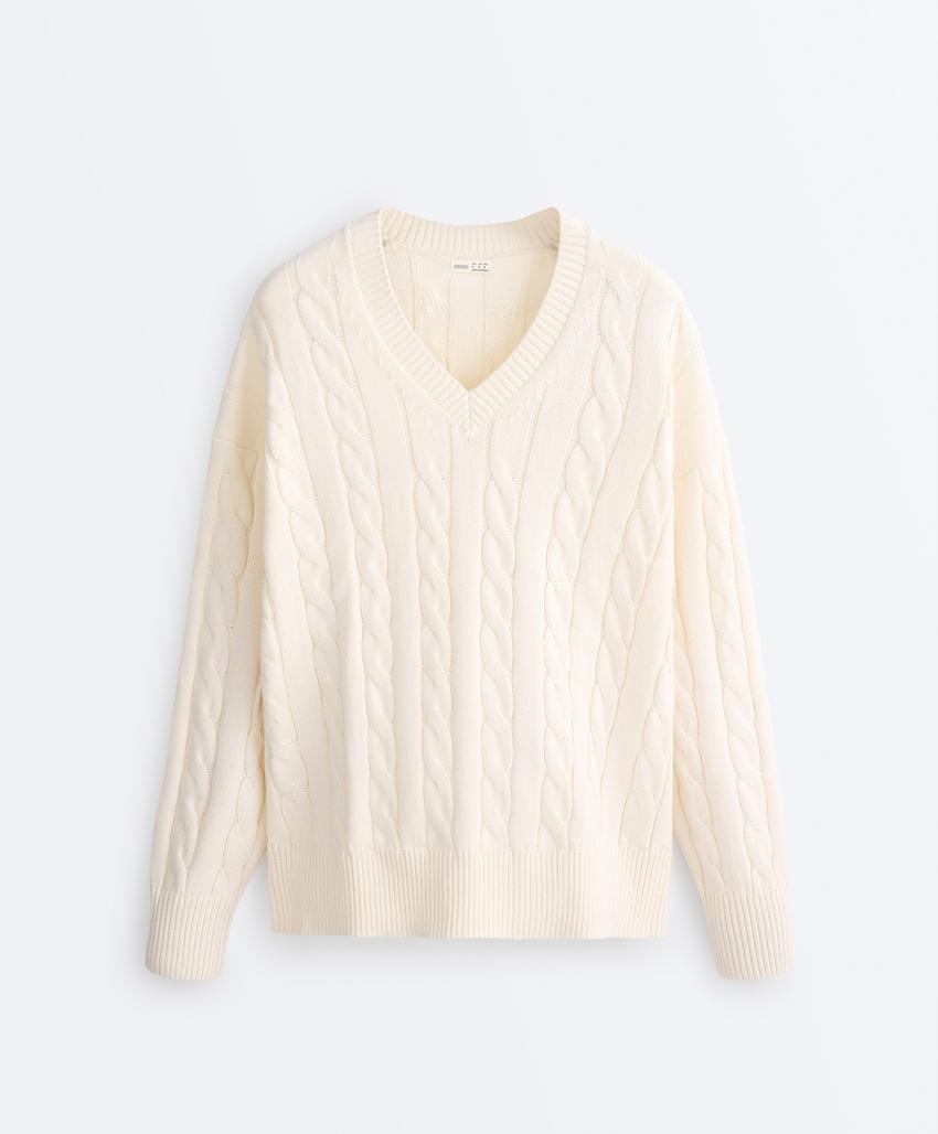 Свитер с V-образным вырезом и узором «косы» из 100% хлопка
