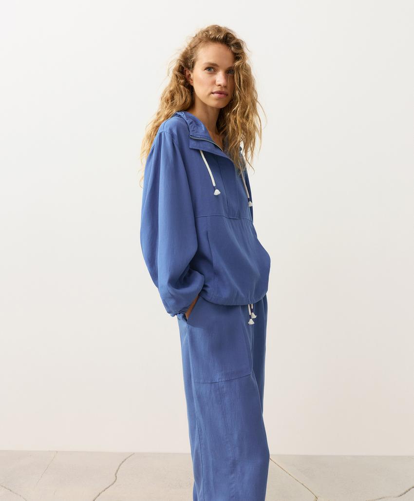 Толстовка на молнии с передним карманом, смесовый лиоцелл и лен