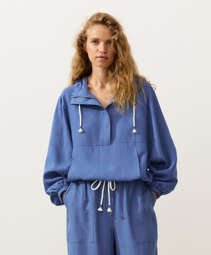 Толстовка на молнии с передним карманом, смесовый лиоцелл и лен