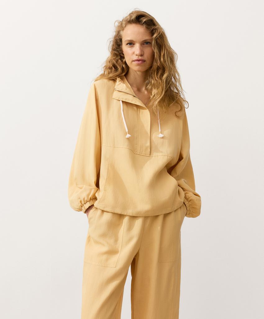 Толстовка на молнии с передним карманом, смесовый лиоцелл и лен