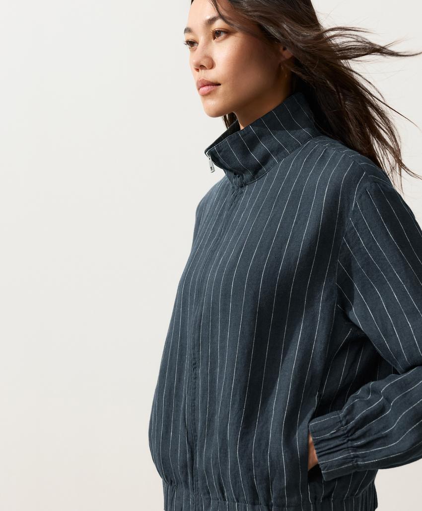 Куртка из 100%-го льна в тонкую полоску с высоким воротником