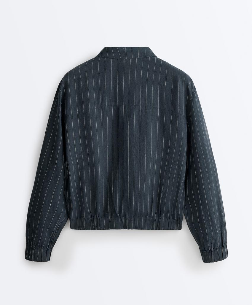 Куртка из 100%-го льна в тонкую полоску с высоким воротником