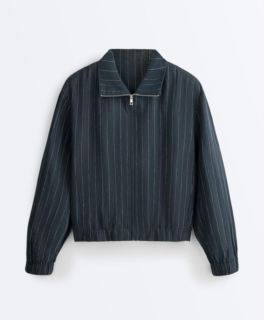 Куртка из 100%-го льна в тонкую полоску с высоким воротником