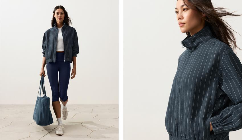 Куртка из 100%-го льна в тонкую полоску с высоким воротником