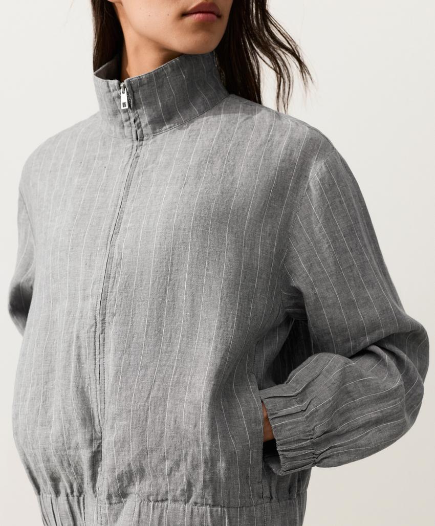 Куртка из 100%-го льна в тонкую полоску с высоким воротником