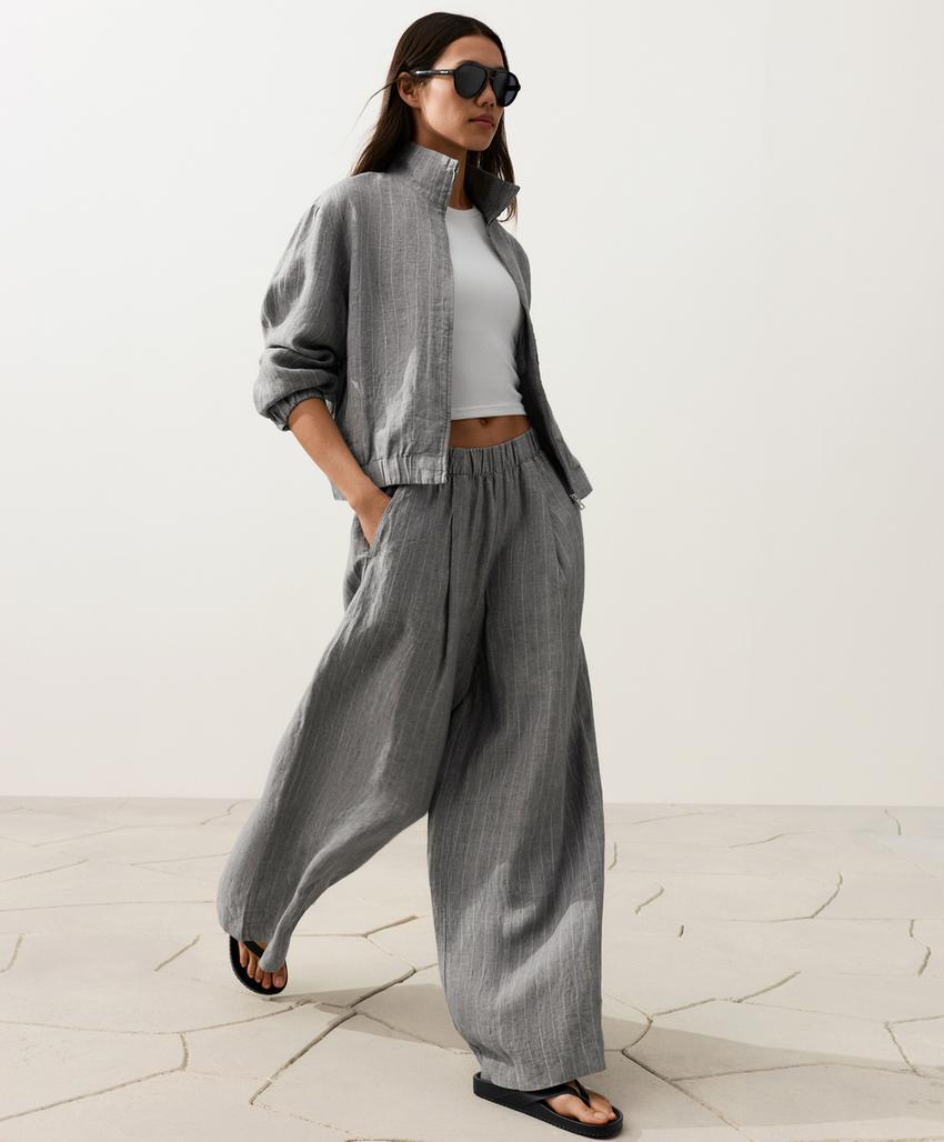 Куртка из 100%-го льна в тонкую полоску с высоким воротником