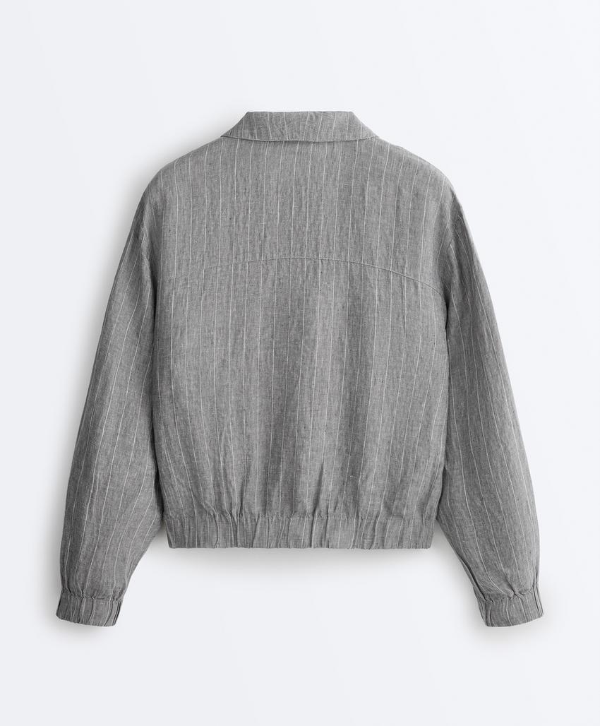 Куртка из 100%-го льна в тонкую полоску с высоким воротником