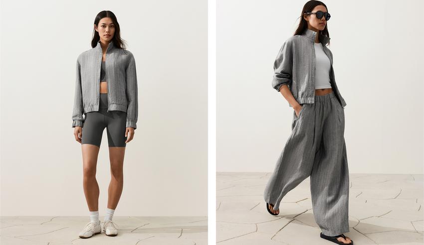 Куртка из 100%-го льна в тонкую полоску с высоким воротником