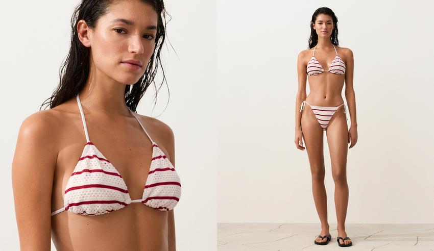 Топ бикини с треугольными чашками из вязаного полотна в полоску