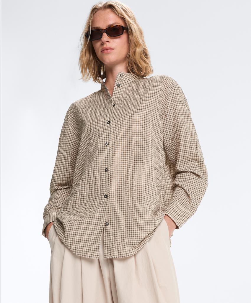 Рубашка-мао из смесового хлопка в клетку