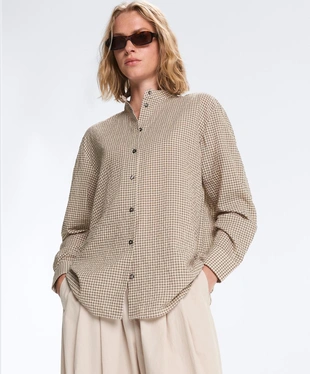 Рубашка-мао из смесового хлопка в клетку- Заказать в России
