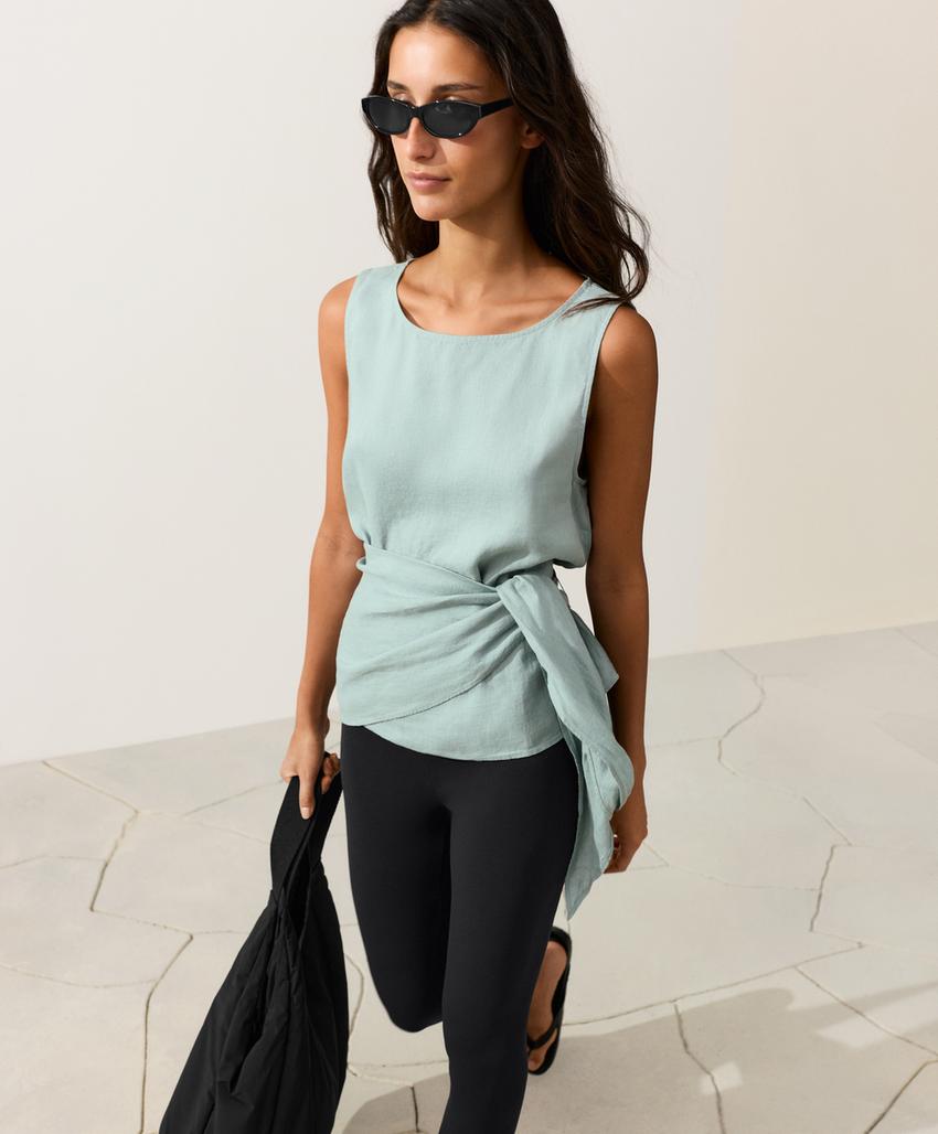 Топ без рукавов с поясом-платком из 100%-го льна