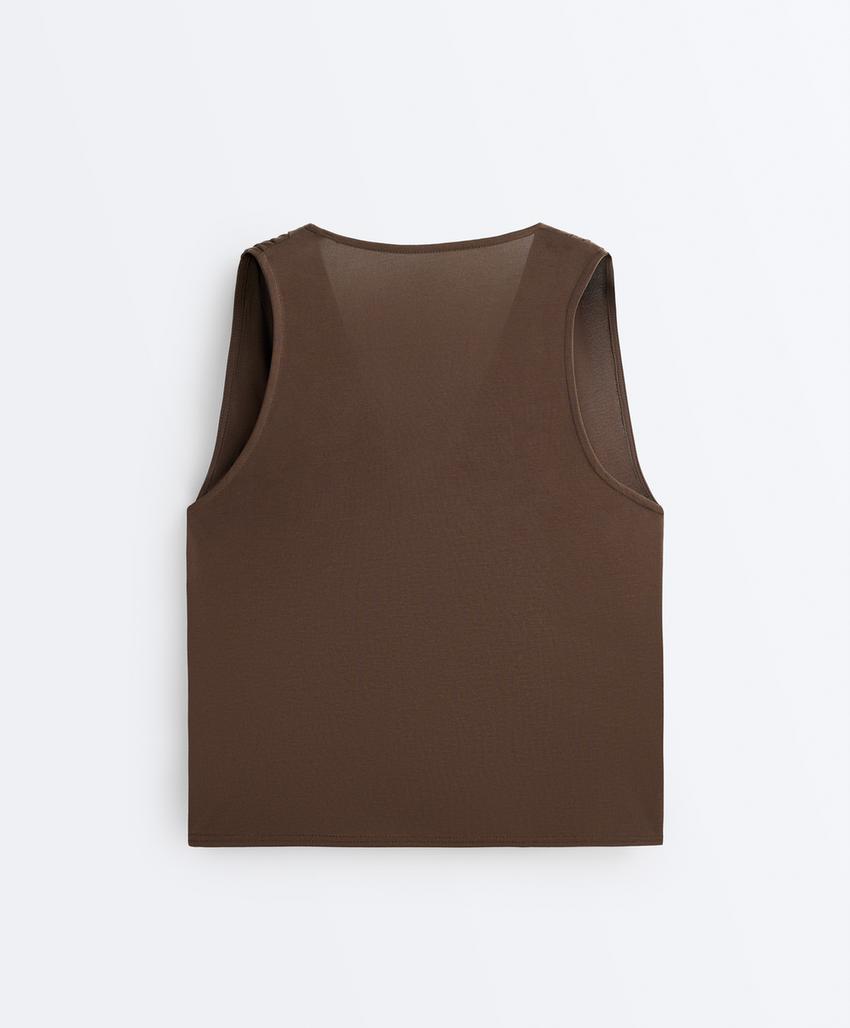 Футболка из смесового модала на запах без рукавов