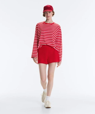 Boxy long-sleeved striped cotton-blend T-shirt- Заказать в России