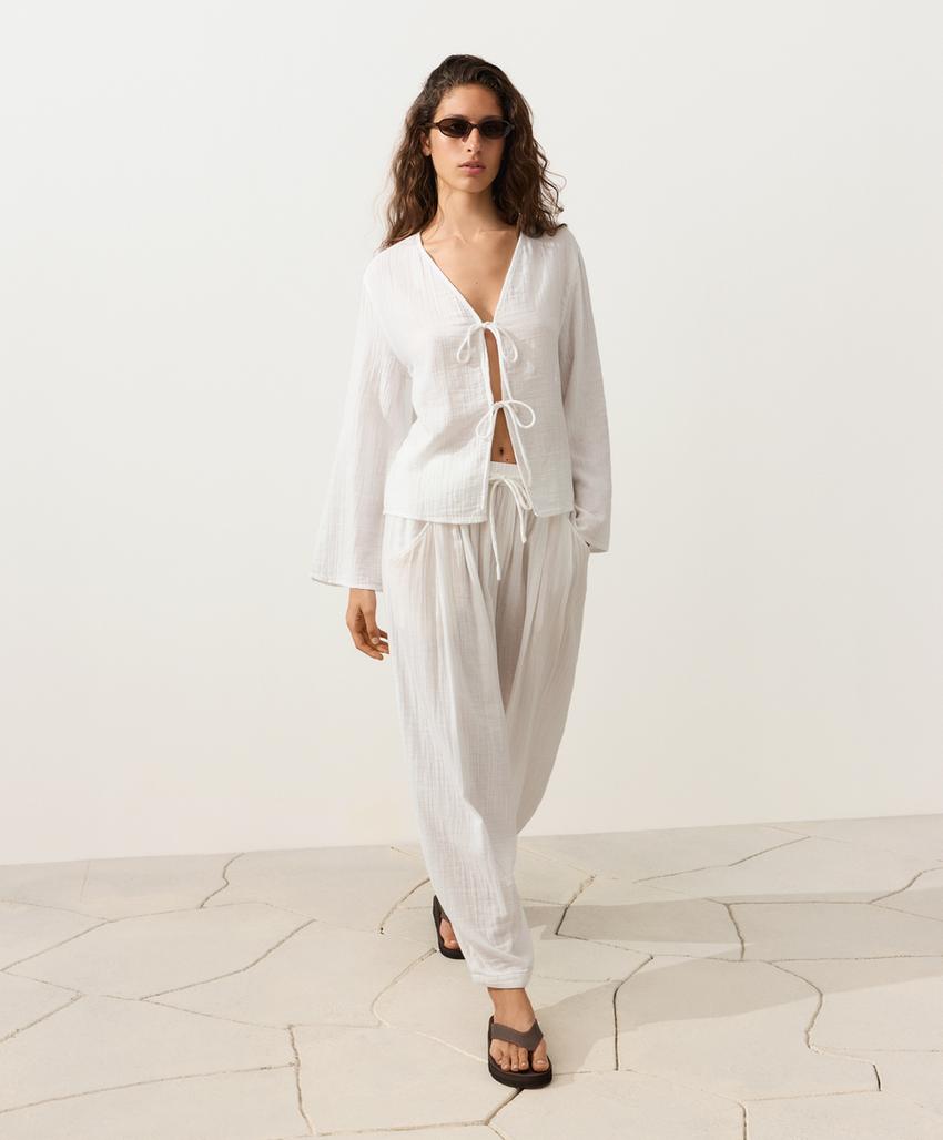 Рубашка с длинными рукавами и завязками из 100%-го хлопка