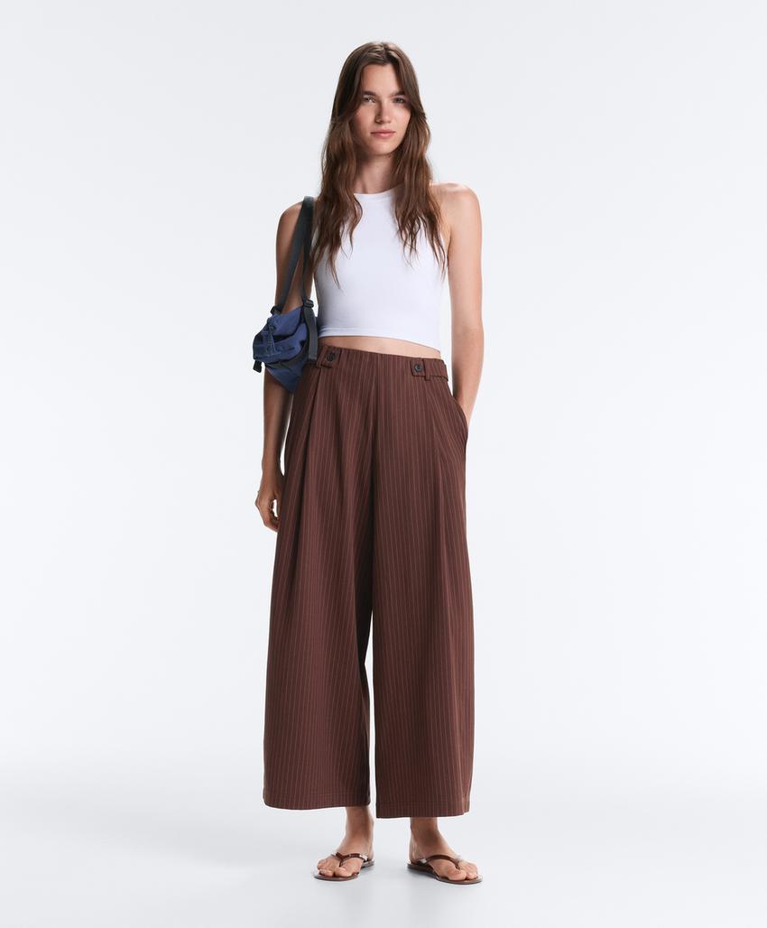Широкие брюки crop из хлопка пике в тонкую полоску