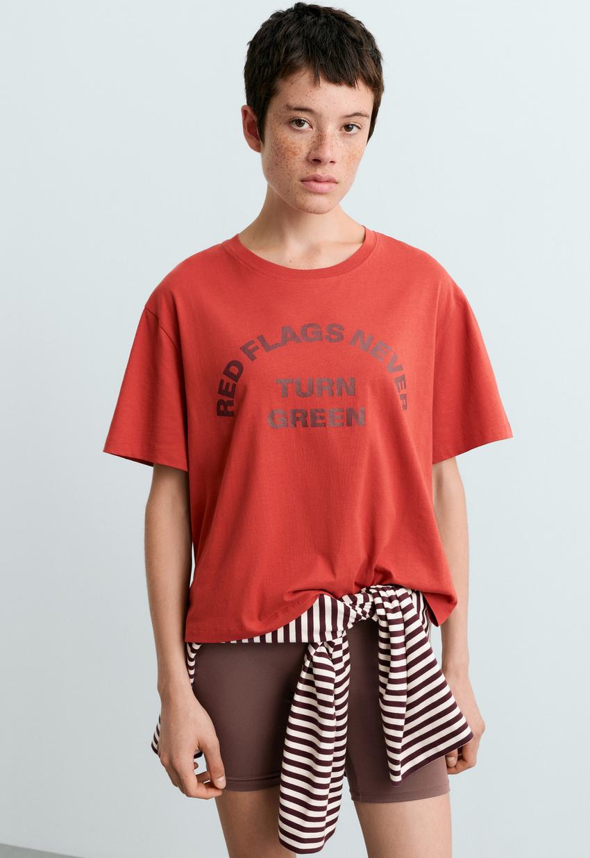 T-shirt boxy de manga curta em mistura de algodão com texto
