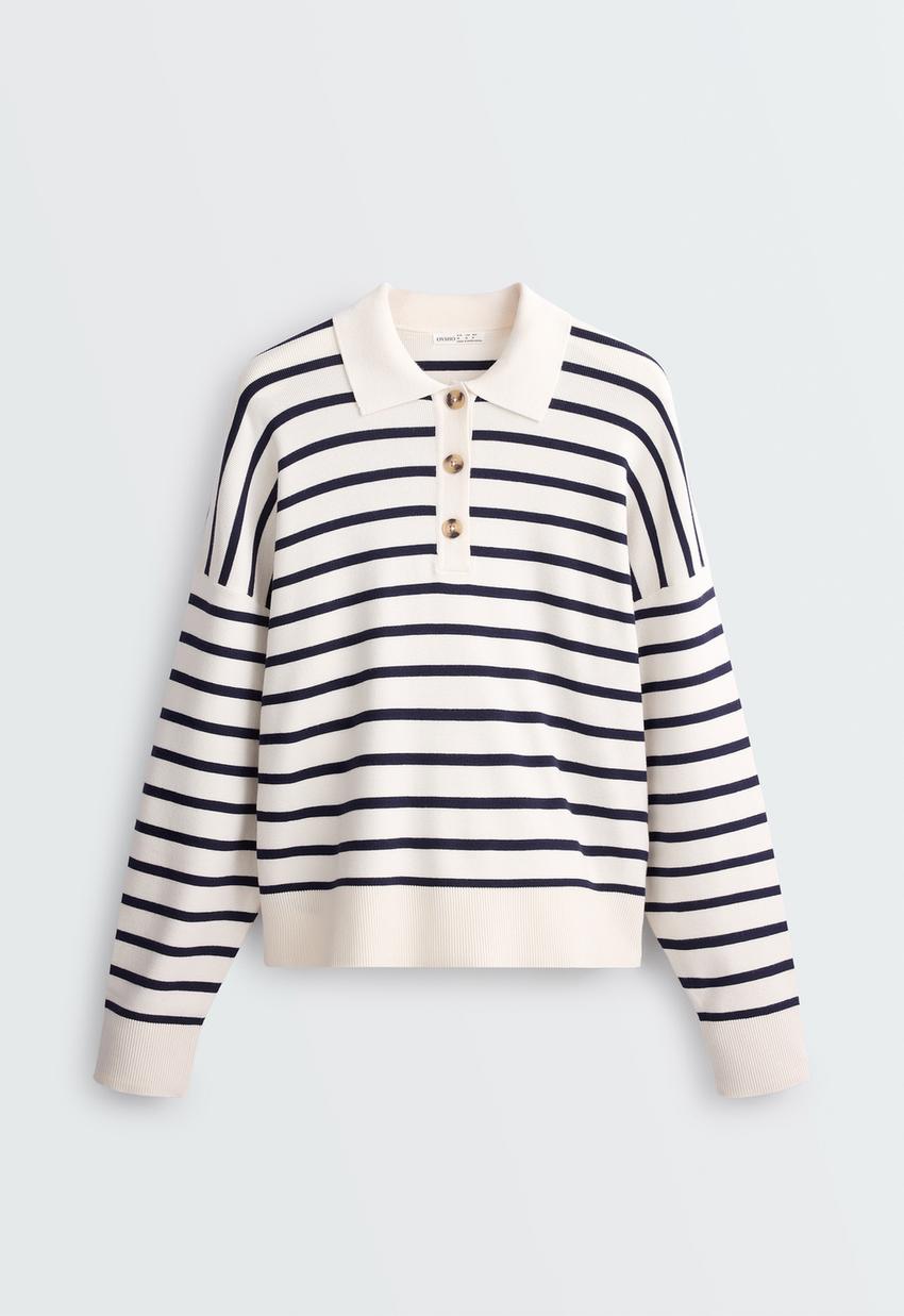 Camisola de malha às riscas com gola de polo
