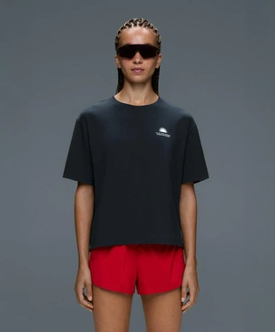 Boxy short-sleeved cotton blend print T-shirt- Заказать в России
