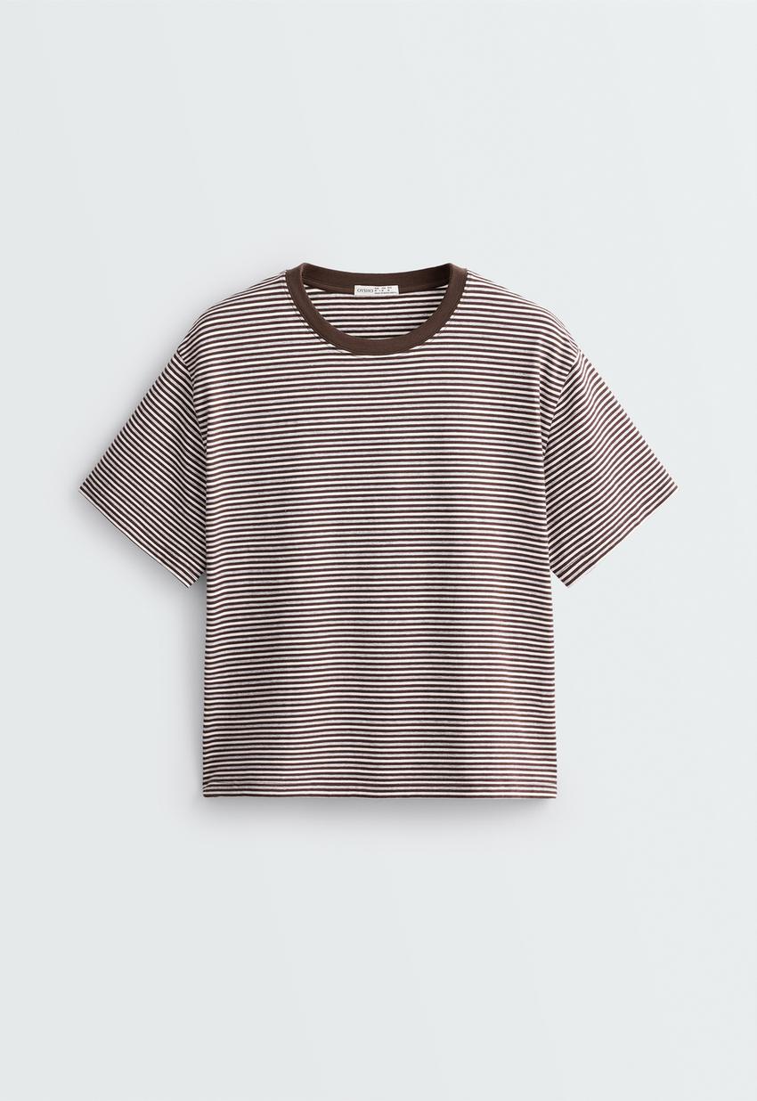 T-shirt regular de manga curta com mistura de algodão e riscas