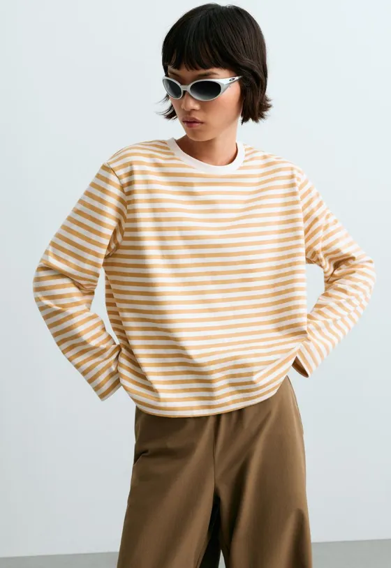 T-shirt boxy manga comprida 100% algodão riscas