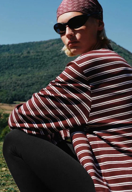 T-shirt de manga comprida Relaxed às riscas