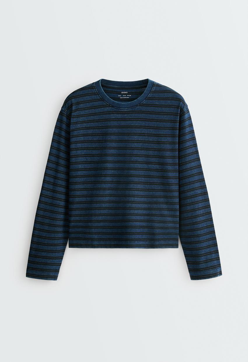 T-shirt relaxed de manga comprida 100% algodão às riscas