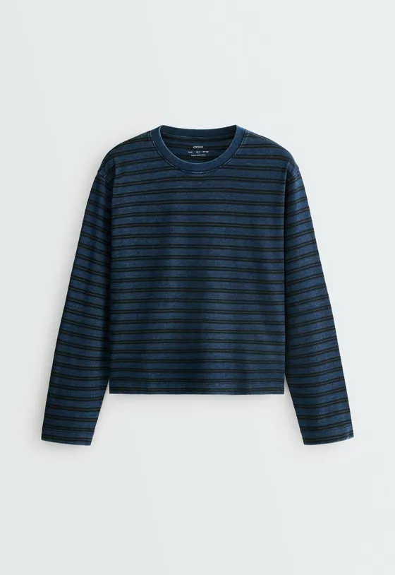 T-shirt relaxed de manga comprida 100% algodão às riscas