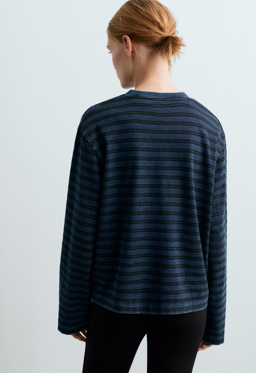 T-shirt relaxed de manga comprida 100% algodão às riscas