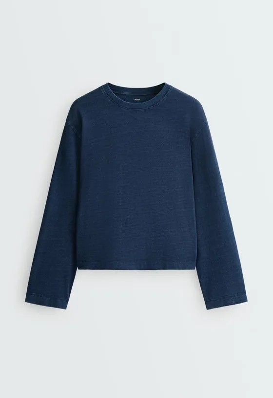 T-shirt relaxed manga comprida efeito denim lavado