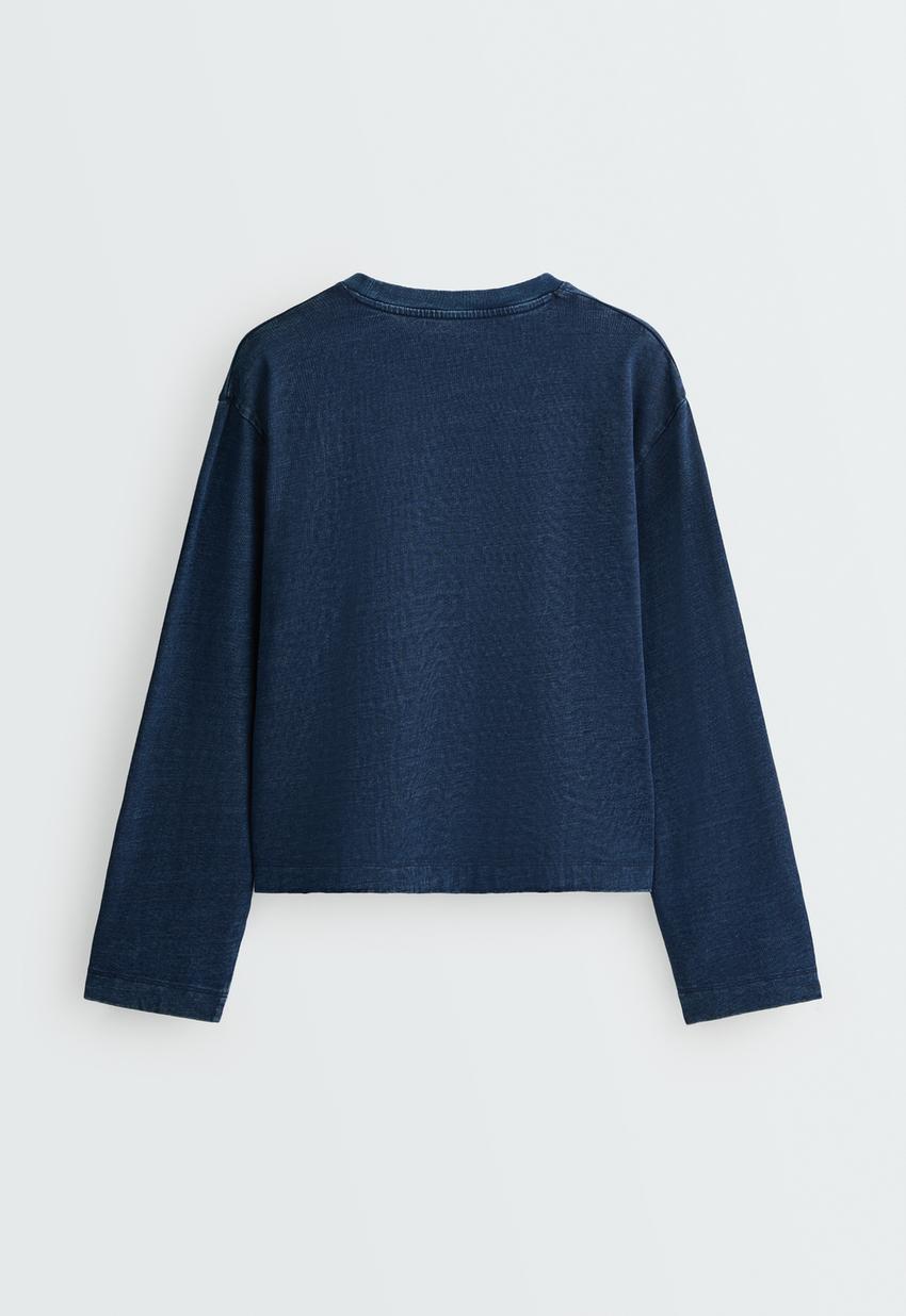 T-shirt relaxed manga comprida efeito denim lavado