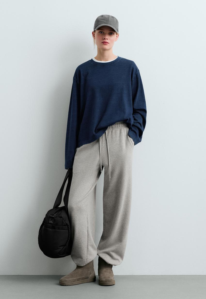T-shirt relaxed manga comprida efeito denim lavado