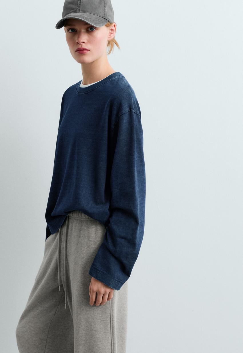 T-shirt relaxed manga comprida efeito denim lavado